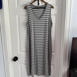 Chico's Zenergy Grey White Striped Sleeveless V-Neck Midi Dress Size (2) L 12/14